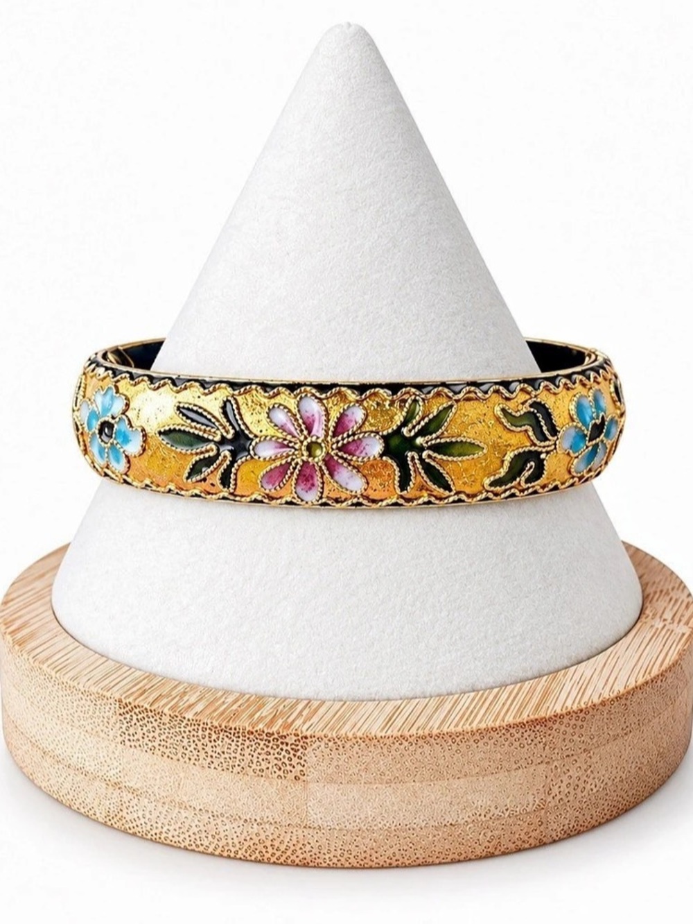 Vintage Cloisonne Floral Enamel Hinged Bangle Boho Artisan Statement Bracelet
